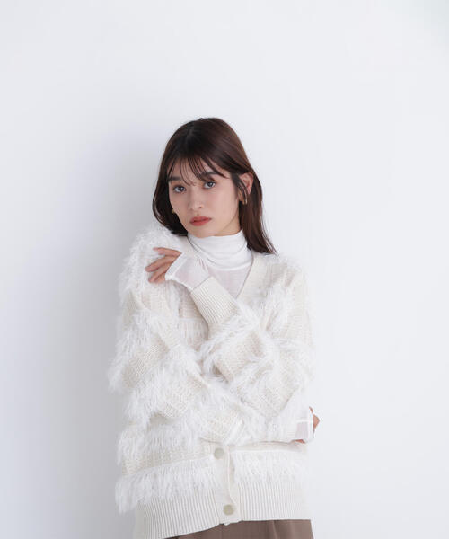 NATURAL BEAUTY BASIC(ナチュラルビューティーベーシック)の「◇フリンジボーダーカーディガン(カーディガン/ボレロ・レディース・オフホワイト/チャコールグレー・FREE)」の5枚目の写真