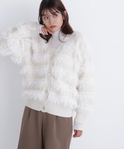 NATURAL BEAUTY BASIC(ナチュラルビューティーベーシック)の「◇フリンジボーダーカーディガン(カーディガン/ボレロ・レディース・オフホワイト/チャコールグレー・FREE)」の7枚目の写真