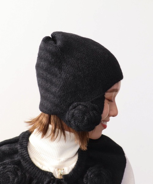 Three Four Time(スリーフォータイム)の「【Casselini】フラワーニット帽(ニットキャップ/ビーニー・レディース・ブラック/アイボリー・FREE)」の15枚目の写真