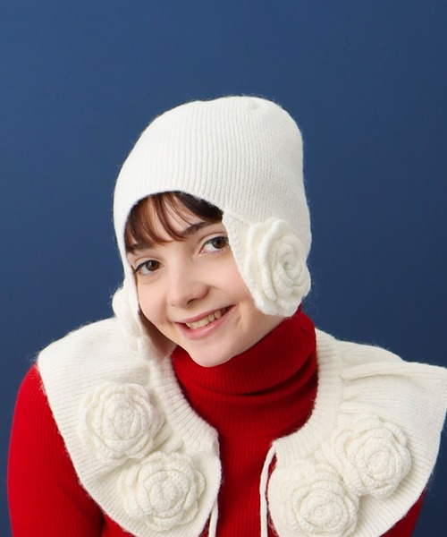 Three Four Time(スリーフォータイム)の「【Casselini】フラワーニット帽(ニットキャップ/ビーニー・レディース・ブラック/アイボリー・FREE)」の20枚目の写真