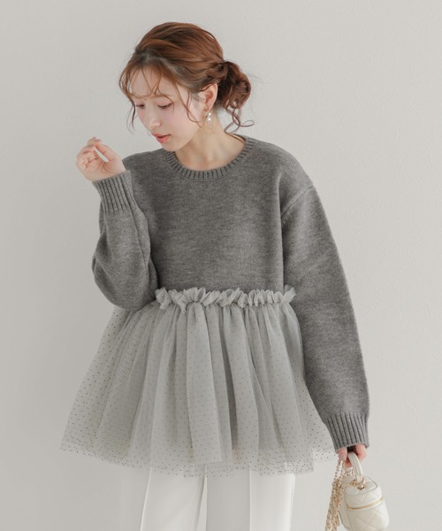 Fit more（フィットモア）の「ドットチュールドッキングペプラムニット（ニット/セーター・レディース・ブラック/グレー/ホワイト・FREE）」の3枚目の写真