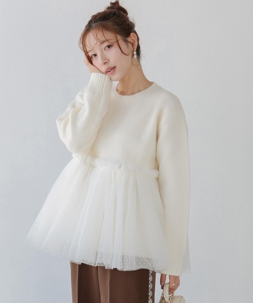 セール】ドットチュールドッキングペプラムニット（ニット/セーター