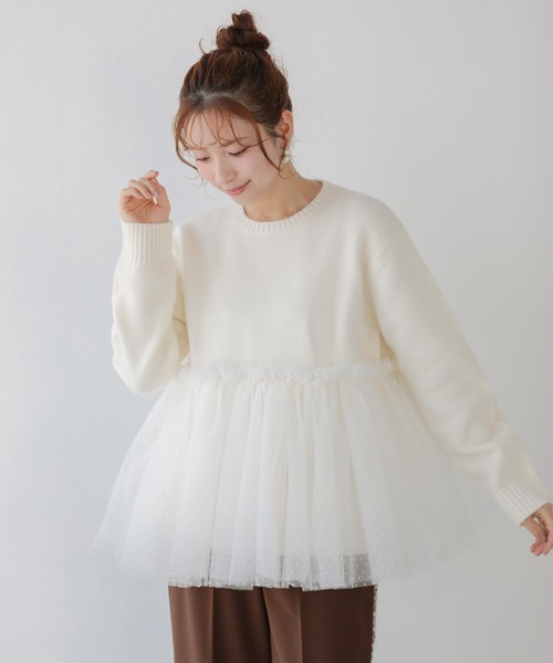 Fit more（フィットモア）の「ドットチュールドッキングペプラムニット（ニット/セーター・レディース・ブラック/グレー/ホワイト・FREE）」の5枚目の写真