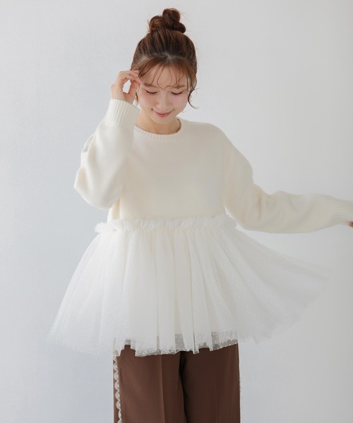 Fit more（フィットモア）の「ドットチュールドッキングペプラムニット（ニット/セーター・レディース・ブラック/グレー/ホワイト・FREE）」の6枚目の写真