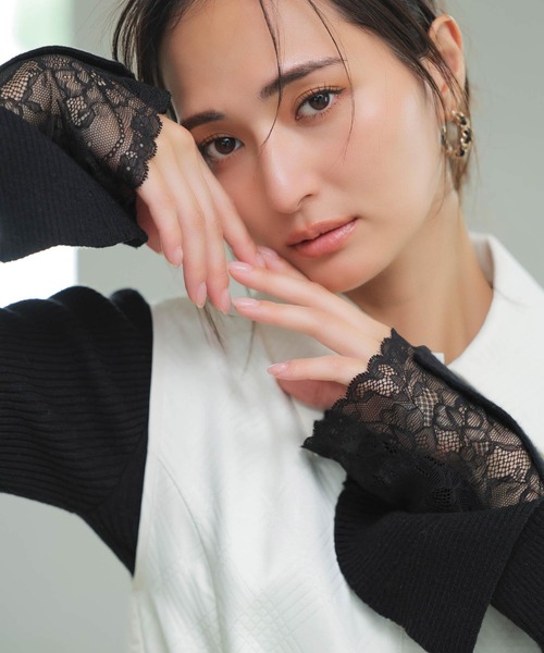 NOELA(ノエラ)の「レーススリーブリブニット(ニット/セーター・レディース・ブラック/オフホワイト/モカ・フリー)」の3枚目の写真
