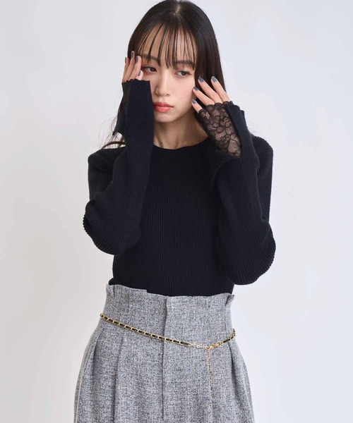 NOELA(ノエラ)の「レーススリーブリブニット(ニット/セーター・レディース・ブラック/オフホワイト/モカ・フリー)」の4枚目の写真