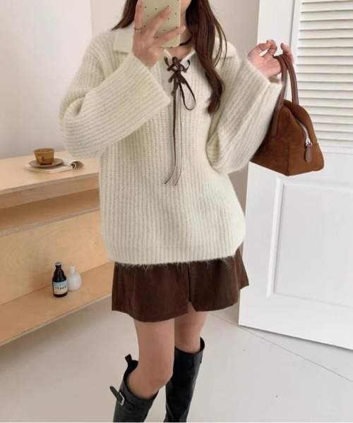 NoBelle(ノベル)の「無地クロスリボン 襟付きニットポロニット(ポロシャツ・レディース・グレー/ブラウン/ホワイト・FREE)」の2枚目の写真