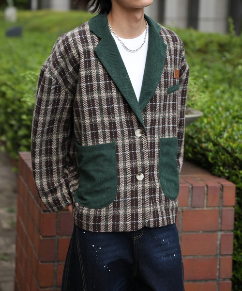 HOOK（フック）の「HOOK -original-　チェック柄ビッグポケ異素材襟テーラードジャケット (AW)（テーラードジャケット・メンズ・グリーン/ブラウン・L/M/XL）」の2枚目の写真
