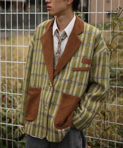 フック（HOOK）/HOOK −original−　チェック柄ビッグポケ異素材襟テーラードジャケット セール】HOOK -original- チェック柄ビッグポケ異素材襟テーラード