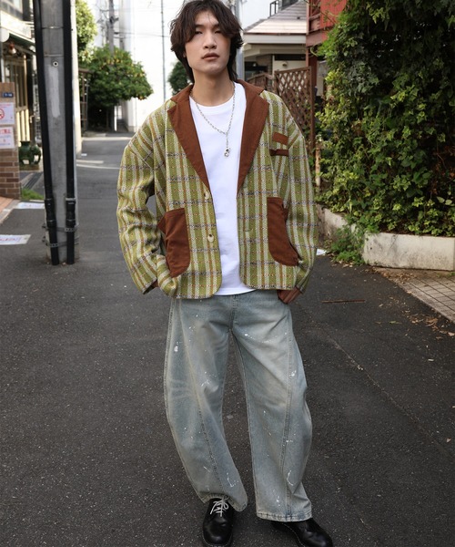 HOOK（フック）の「HOOK -original-　チェック柄ビッグポケ異素材襟テーラードジャケット (AW)（テーラードジャケット・メンズ・グリーン/ブラウン・L/M/XL）」の3枚目の写真