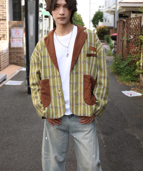 HOOK（フック）の「HOOK -original-　チェック柄ビッグポケ異素材襟テーラードジャケット (AW)（テーラードジャケット・メンズ・グリーン/ブラウン・L/M/XL）」の4枚目の写真