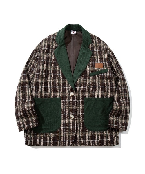 フック（HOOK）/HOOK −original−　チェック柄ビッグポケ異素材襟テーラードジャケット セール】HOOK -original- チェック柄ビッグポケ異素材襟テーラード