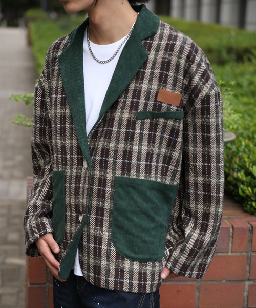 HOOK（フック）の「HOOK -original-　チェック柄ビッグポケ異素材襟テーラードジャケット (AW)（テーラードジャケット・メンズ・グリーン/ブラウン・L/M/XL）」の15枚目の写真
