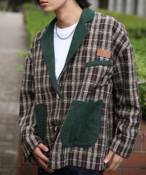 HOOK（フック）の「HOOK -original-　チェック柄ビッグポケ異素材襟テーラードジャケット (AW)（テーラードジャケット・メンズ・グリーン/ブラウン・L/M/XL）」の17枚目の写真