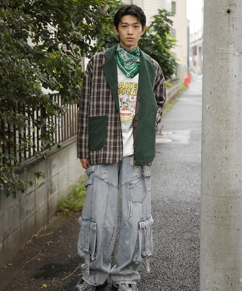 セール】HOOK -original- チェック柄ビッグポケ異素材襟テーラード