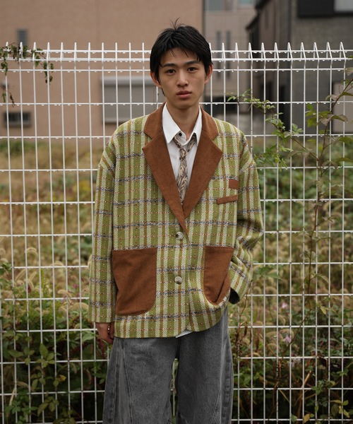 HOOK -original- チェック柄ビッグポケ異素材襟テーラードジャケット