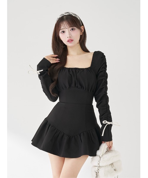 Darich スクエアネックギャザーミニワンピース ブラック ミニワンピ ダーリッチ Darich スクエアネックギャザーミニワンピース （ブラック