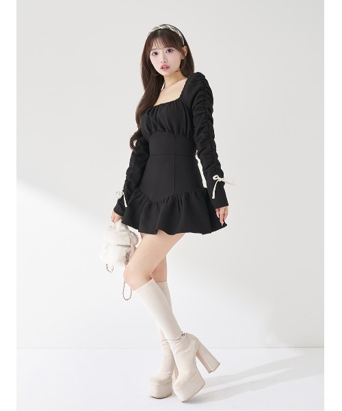 スクエアネックギャザーミニワンピース（ワンピース）｜Darich
