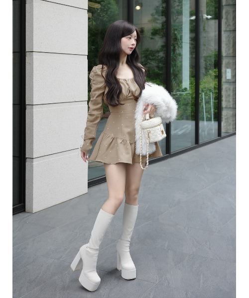 スクエアネックギャザーミニワンピース（ワンピース）｜Darich