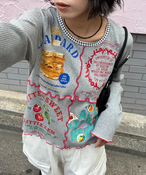 HELLO.SANFRANCISCO（ハローサンフランシスコ）の「★【HELLO.SANFRANCISCO/ハローサンフランシスコ】パッチワークプリントトップス（Tシャツ/カットソー・レディース・パープル/アイボリー/グレー・ONE SIZE）」の2枚目の写真