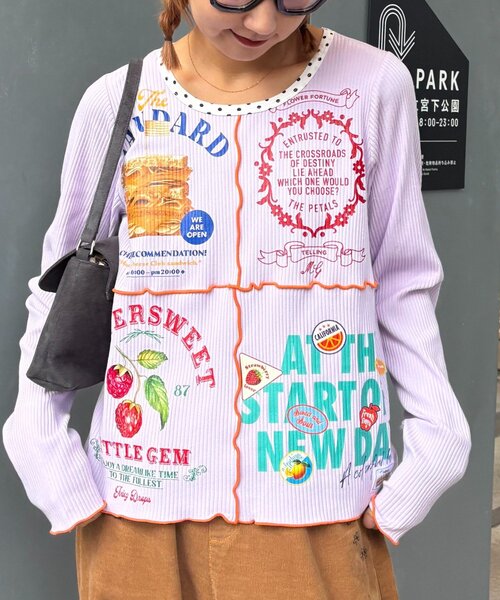 HELLO.SANFRANCISCO（ハローサンフランシスコ）の「★【HELLO.SANFRANCISCO/ハローサンフランシスコ】パッチワークプリントトップス（Tシャツ/カットソー・レディース・パープル/アイボリー/グレー・ONE SIZE）」の4枚目の写真