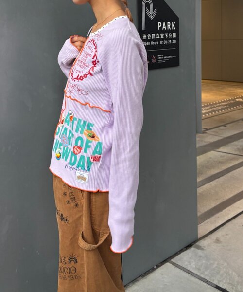 HELLO.SANFRANCISCO（ハローサンフランシスコ）の「★【HELLO.SANFRANCISCO/ハローサンフランシスコ】パッチワークプリントトップス（Tシャツ/カットソー・レディース・パープル/アイボリー/グレー・ONE SIZE）」の6枚目の写真