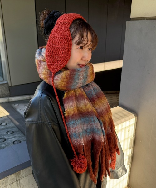 kutir（クティール）の「kutirlune／ボーダーアソートフリンジボリュームマフラー（マフラー・レディース・ブラウン/グリーン・FREE）」の2枚目の写真