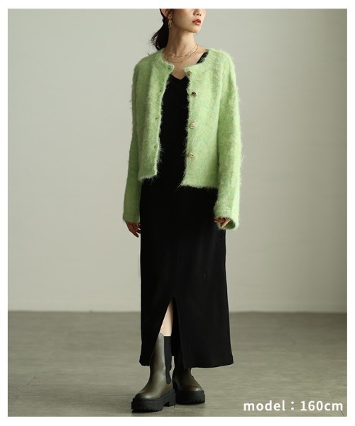 Sawa a la mode(サワアラモード)の「ソフトシャギーニットカーデジャケット(ノーカラージャケット・レディース・ライトグリーン/オレンジ/ダークブラウン/ブルー・FREE)」の10枚目の写真