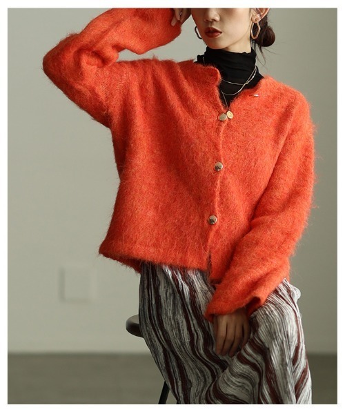 Sawa a la mode(サワアラモード)の「ソフトシャギーニットカーデジャケット(ノーカラージャケット・レディース・ライトグリーン/オレンジ/ダークブラウン/ブルー・FREE)」の15枚目の写真