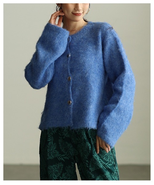 Sawa a la mode(サワアラモード)の「ソフトシャギーニットカーデジャケット(ノーカラージャケット・レディース・ライトグリーン/オレンジ/ダークブラウン/ブルー・FREE)」の17枚目の写真