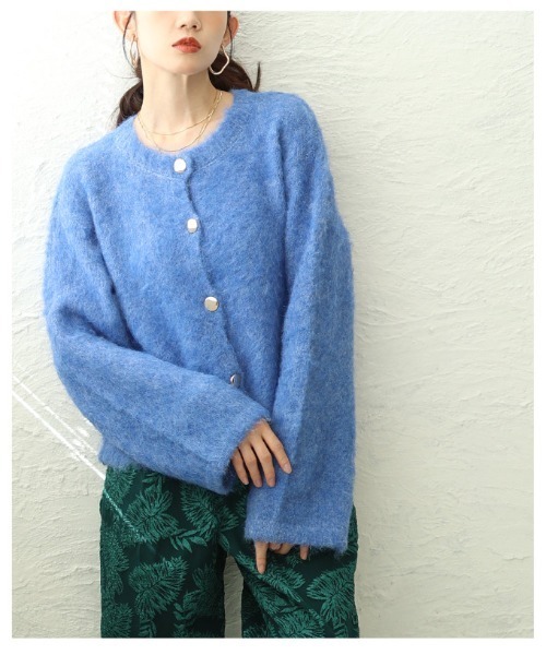 Sawa a la mode(サワアラモード)の「ソフトシャギーニットカーデジャケット(ノーカラージャケット・レディース・ライトグリーン/オレンジ/ダークブラウン/ブルー・FREE)」の19枚目の写真