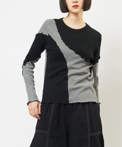 gomme（ゴム）の「ラウンド切替Ｔ（Tシャツ/カットソー・レディース・グレー/ブラック/ネイビー・MEDIUM）」の2枚目の写真
