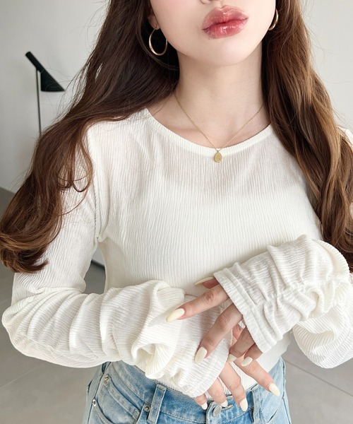 moment+（モーメントプラス）の「クルーネック袖ギャザー長袖シアークレープトップス（Tシャツ/カットソー・レディース・ブラック/ブラウン/アイボリー/杢グレー・M/L）」の20枚目の写真