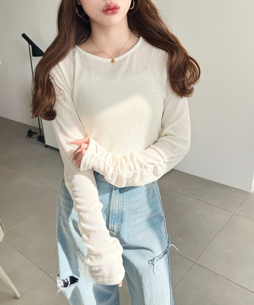 moment+（モーメントプラス）の「クルーネック袖ギャザー長袖シアークレープトップス（Tシャツ/カットソー・レディース・ブラック/ブラウン/アイボリー/杢グレー・M/L）」の22枚目の写真