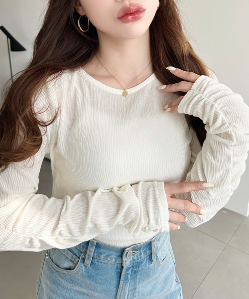 moment+（モーメントプラス）の「クルーネック袖ギャザー長袖シアークレープトップス（Tシャツ/カットソー・レディース・ブラック/ブラウン/アイボリー/杢グレー・M/L）」の21枚目の写真