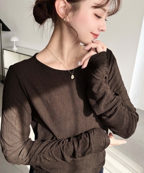 moment+（モーメントプラス）の「クルーネック袖ギャザー長袖シアークレープトップス（Tシャツ/カットソー・レディース・ブラック/ブラウン/アイボリー/杢グレー・M/L）」の14枚目の写真