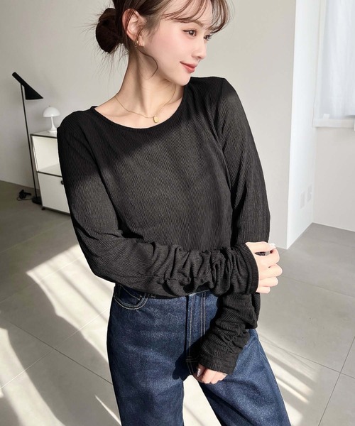 moment+（モーメントプラス）の「クルーネック袖ギャザー長袖シアークレープトップス（Tシャツ/カットソー・レディース・ブラック/ブラウン/アイボリー/杢グレー・M/L）」の15枚目の写真