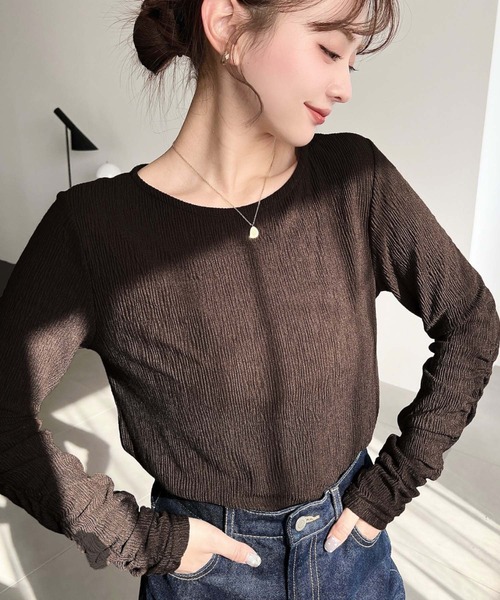 moment+（モーメントプラス）の「クルーネック袖ギャザー長袖シアークレープトップス（Tシャツ/カットソー・レディース・ブラック/ブラウン/アイボリー/杢グレー・M/L）」の13枚目の写真