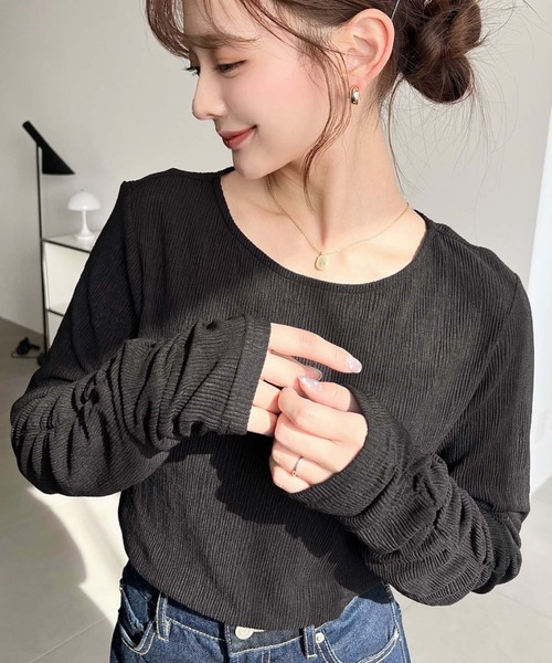 moment+（モーメントプラス）の「クルーネック袖ギャザー長袖シアークレープトップス（Tシャツ/カットソー・レディース・ブラック/ブラウン/アイボリー/杢グレー・M/L）」の18枚目の写真