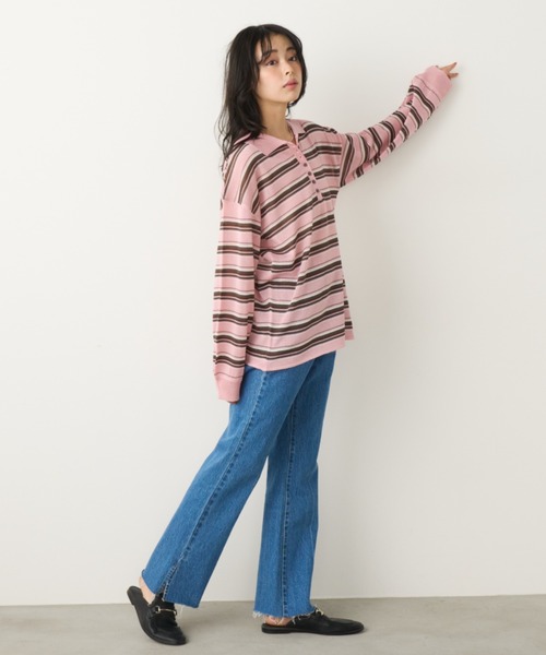Unitage(ユニテージ)の「ボーダシアーポロ襟トップス(Tシャツ/カットソー・レディース・ピンク/ブラウン/アイボリー・FREE)」の22枚目の写真