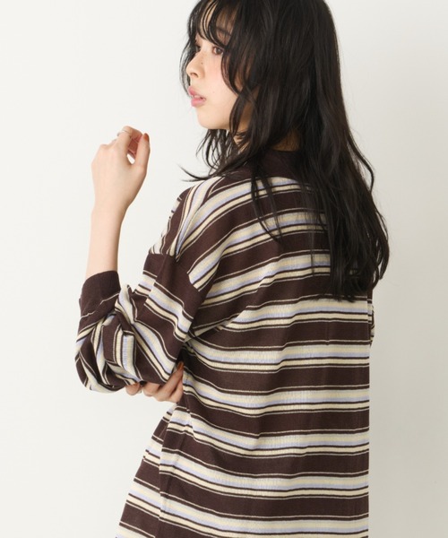 Unitage(ユニテージ)の「ボーダシアーポロ襟トップス(Tシャツ/カットソー・レディース・ピンク/ブラウン/アイボリー・FREE)」の7枚目の写真