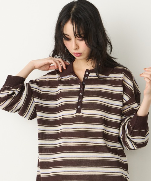 Unitage(ユニテージ)の「ボーダシアーポロ襟トップス(Tシャツ/カットソー・レディース・ピンク/ブラウン/アイボリー・FREE)」の8枚目の写真