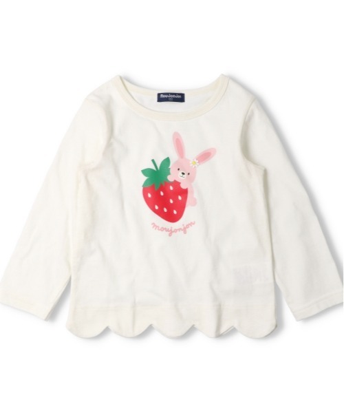 Moujonjon(ムージョンジョン)の「いちごプリント裾スカラップ長袖Tシャツ(Tシャツ/カットソー・キッズ・ホワイト/ピンク・80/90/100/110/120/130)」の1枚目の写真