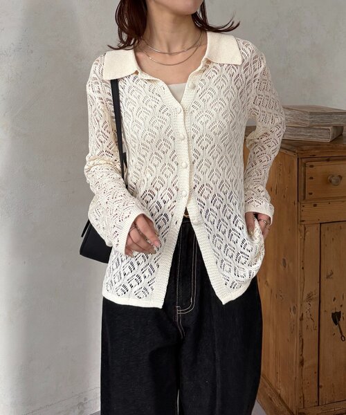 Thevon(ゼボン)の「透かし編み襟付きカーディガン(カーディガン/ボレロ・レディース・アイボリー/ブラック/ブルー・FREE)」の1枚目の写真
