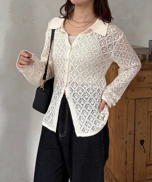 Thevon(ゼボン)の「透かし編み襟付きカーディガン(カーディガン/ボレロ・レディース・アイボリー/ブラック/ブルー・FREE)」の15枚目の写真