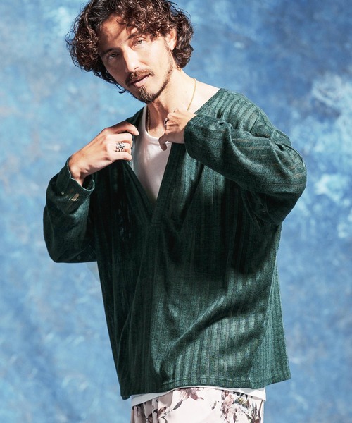 Jih Nunc(ジーヌンク)の「mlt5584-ディープVキーネックカットソー(JIH-R1179)(Tシャツ/カットソー・メンズ・ホワイト/ブラック/ダークグリーン・S/M/L)」の3枚目の写真