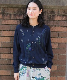 ハイツイストコットン　ステムペタルスケッチ刺繍ニットカーディガン