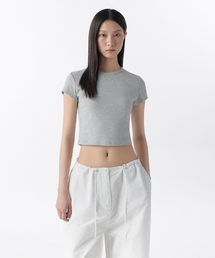 ウィメンズスリムクロップクルーネックTシャツ[ミディアムグレー]