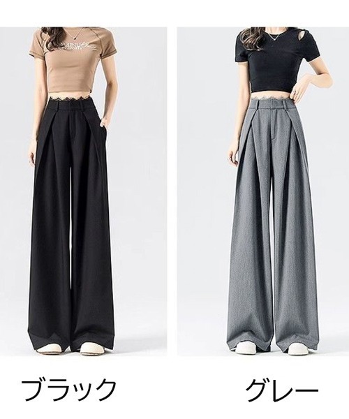 shoppinggo（ショッピングゴー）の「タックワイドパンツ スラックス リラックスパンツ カジュアルパンツ サマーパンツ（その他パンツ・レディース・グレー/ブラック・M/L）」の4枚目の写真