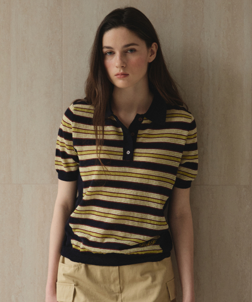 STUDIO&PARC(スタジオアンドパルク)の「Striped Collar Short Sleeve Knit_Navy(ニット/セーター・レディース・ネイビー・FREE)」の1枚目の写真